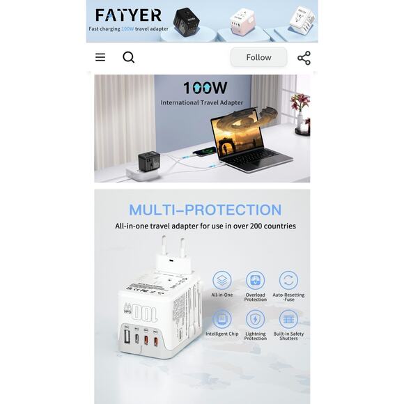 Universal Travel Adapter 120W GaN International Power Plug Adapter 5 USB Po...